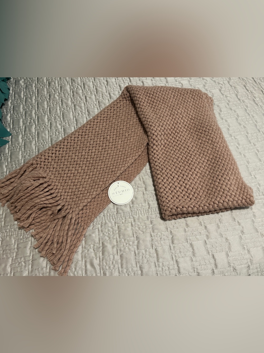 NWT!! Aimee Lynn Studio Chunky Knit Fringe Scarf in Taupe Pink